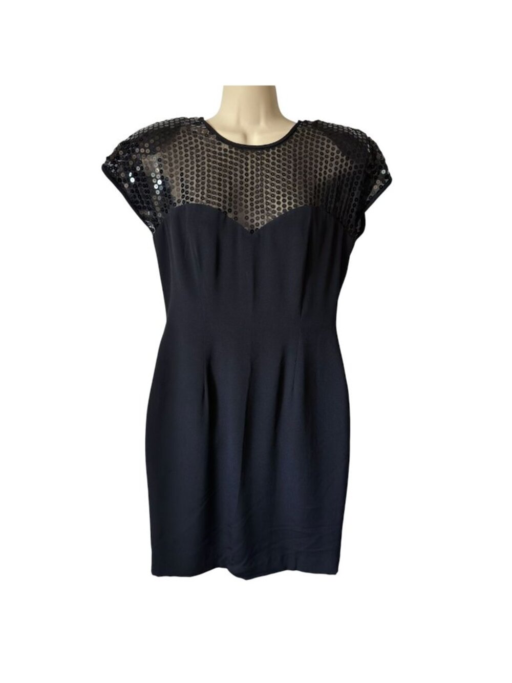 Donna Ricco Cocktail Dress Size 8 Black Sheer Top Sequins Cap Sleeve Above Knee - Picture 8 of 16